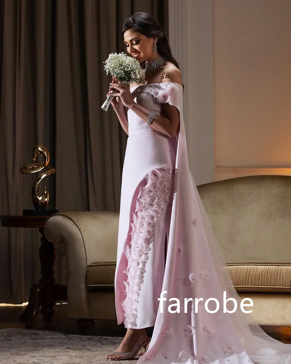 ที่กําหนดเองประณีต Jersey จีบดอกไม้ A-Line Off-the-shoulder Midi Dresses Homecoming สไตล์โมเดิร์น Pastrol Unisex สําหรับ