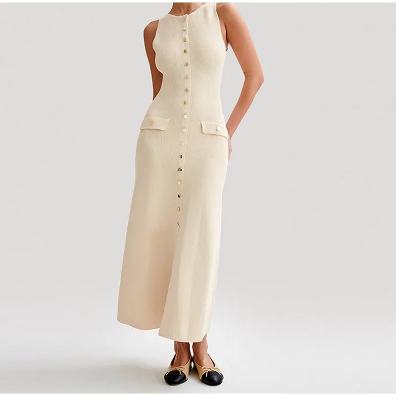 Vestidos largos elegantes de punto con una hilera de botones para mujer, Vestidos lisos sin mangas con cuello redondo y botones, Vestidos ceñidos para fiesta 2024