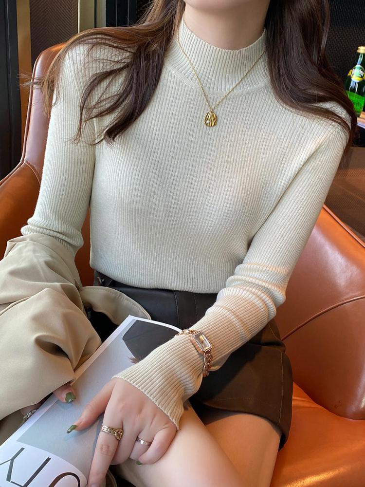 Otoño Invierno suéter de mujer con cuello simulado Vintage básico sólido tejido coreano Tops Casual Jersey ajustado suéteres simples y elegantes