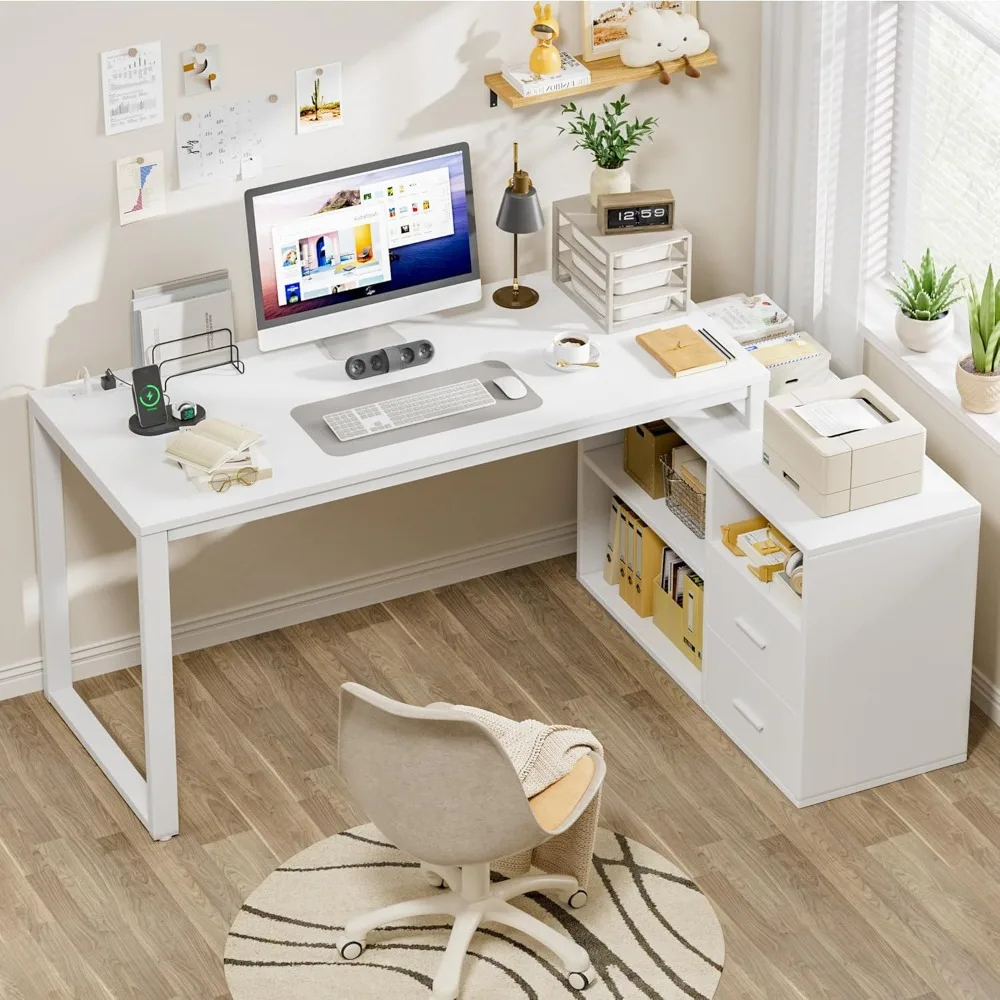 L Shaped Desk with Drawers & Shelves, 55'' Corner Computer Desk, Power Outlets, Reversible PC Table, Storage File Cabinet