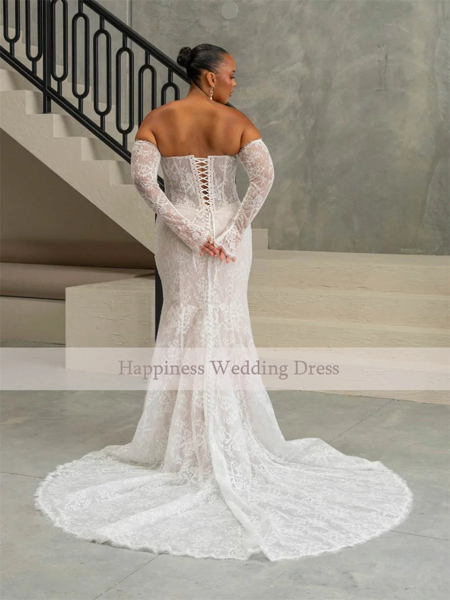 Top con spalle scoperte personalizzato trasparente con maniche a 3/4 Abiti da sera in pizzo a sirena Abito da sposa senza schienale e con lacci