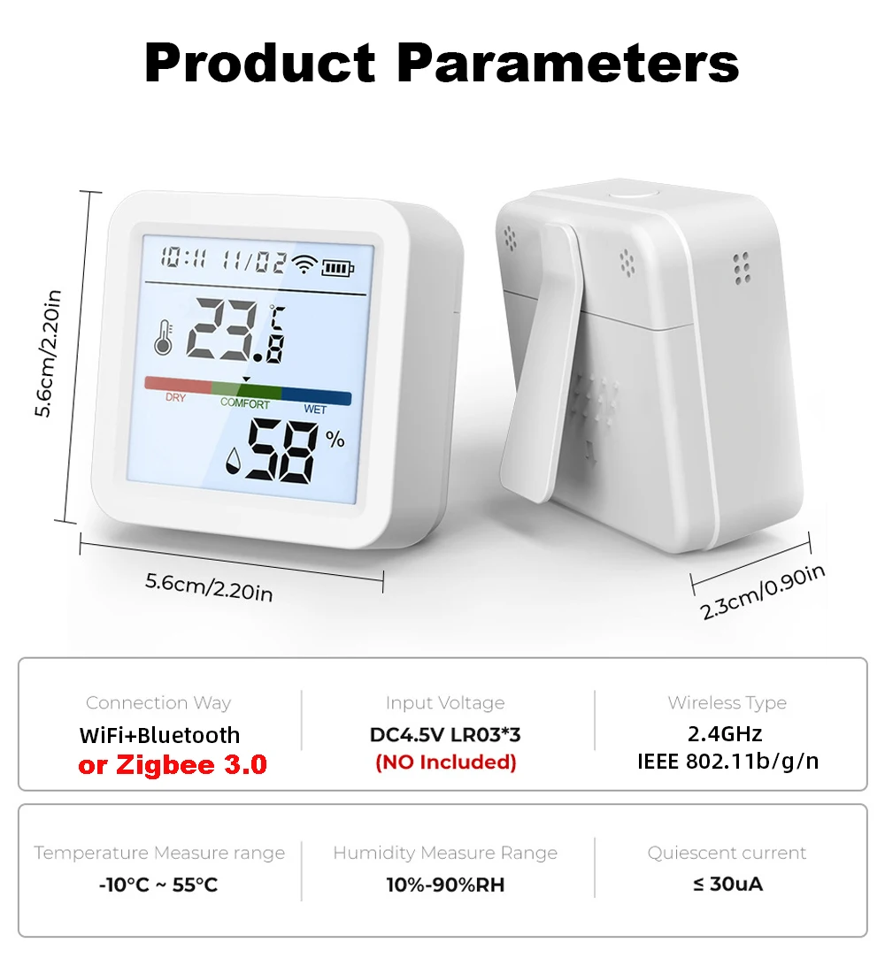 Tuya-Sensor inteligente de temperatura y humedad, WiFi/Zigbee con retroiluminación, higrómetro interior, termómetro, Control por voz a través de Alexa y Google