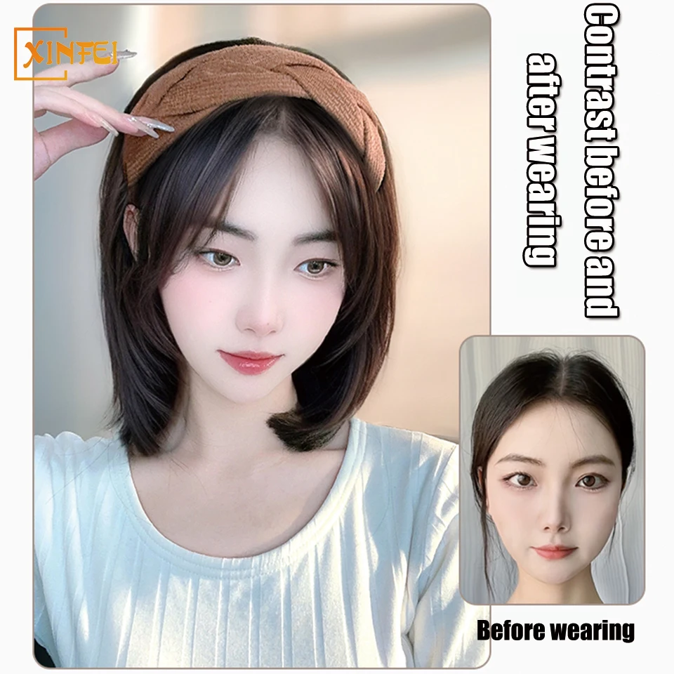 Perucas sintéticas com faixa de cabelo para mulheres, estilo curto, extensão do cabelo, cabelos macios, naturais, aumentar, 1 pc