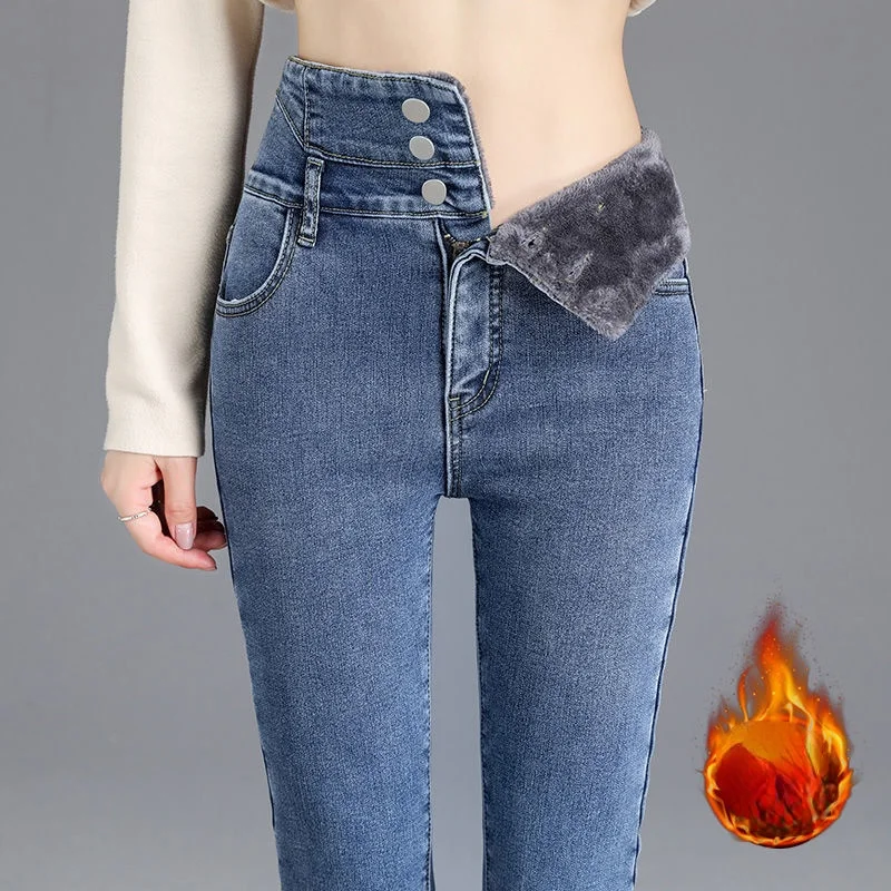 Zimowe grube polarowe ciepłe obcisłe dżinsy z wysokim stanem damskie grube damskie spodnie ołówkowe ze stretchem damskie mama aksamitne damskie dżinsy streetwear