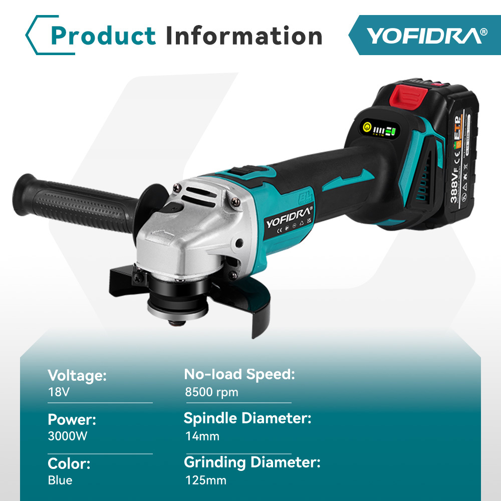 Yofidra 125mm Brushless Angle Grinder 4 Gears Cordless Grinding Machine Cutting Woodworking For Makita 18V-21V Battery Pin