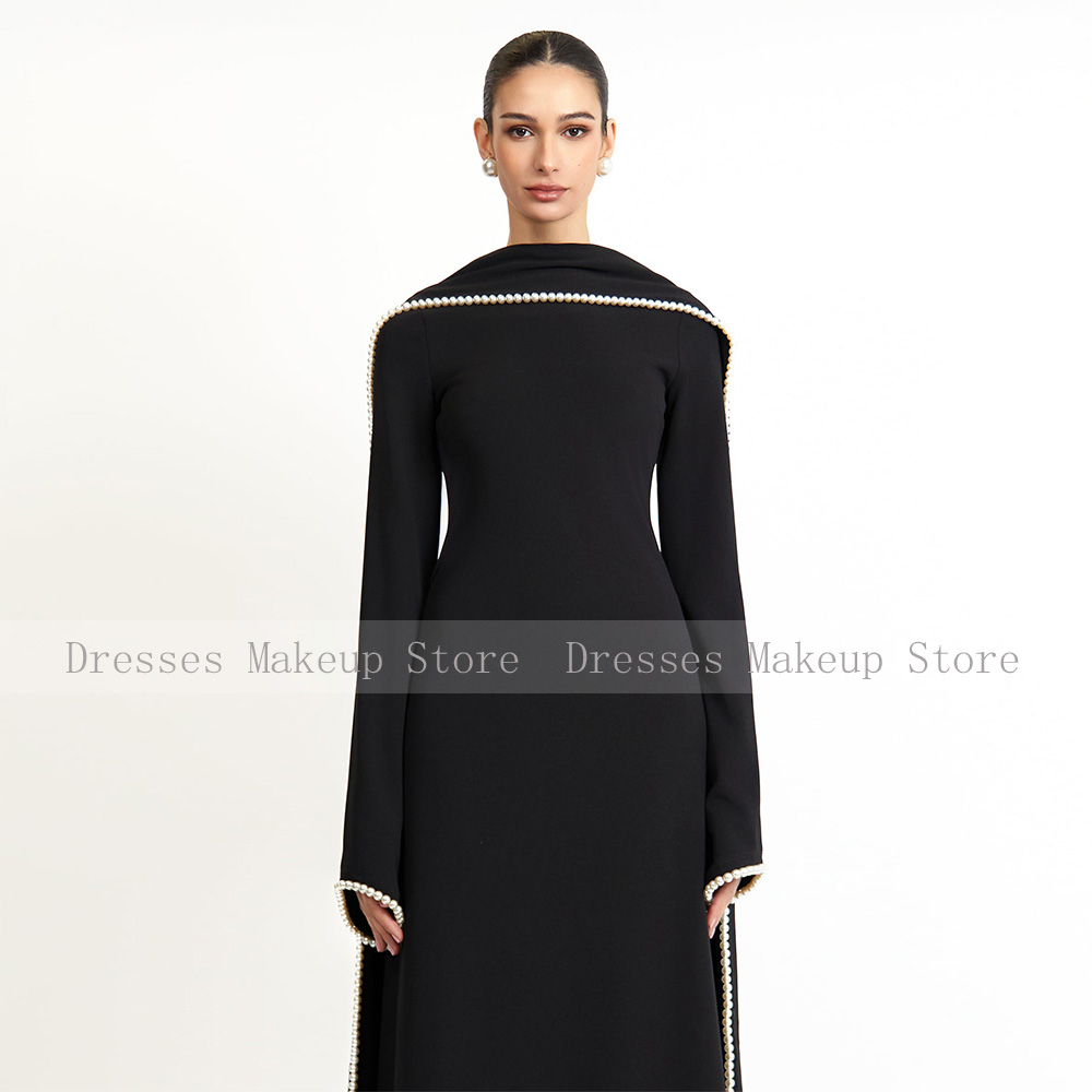 Robe de soirée de mariage élégante noire, ligne A, perles, manches longues, col rond, châle Long, robe de soirée formelle de l'arabie saoudite