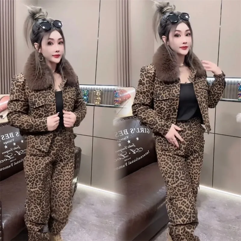 Setelan pakaian wanita kerah bulu longgar, set jaket celana panjang, pakaian wanita kerah bulu longgar, setelan dua potong, motif macan tutul, mantel musim gugur, musim dingin, baru, 2025