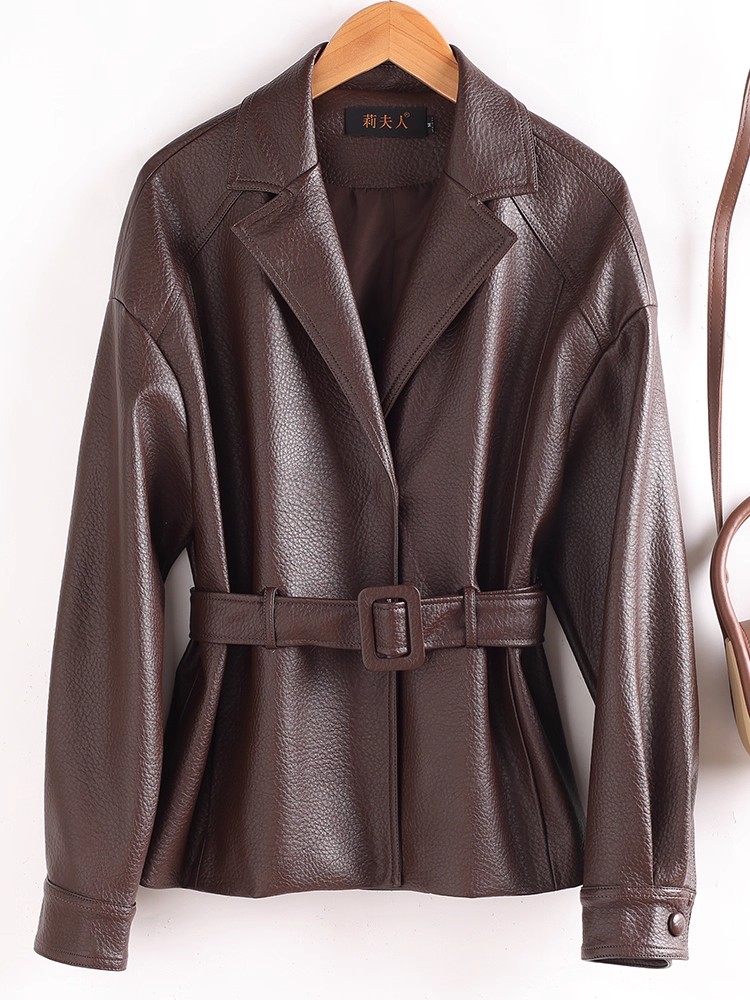 Nouveau Femmes Refente de cuir Blazer avec ceinture fine Printemps Automne Mode Col cranté Ample Veste en Refente de cuir Manteau pour femme