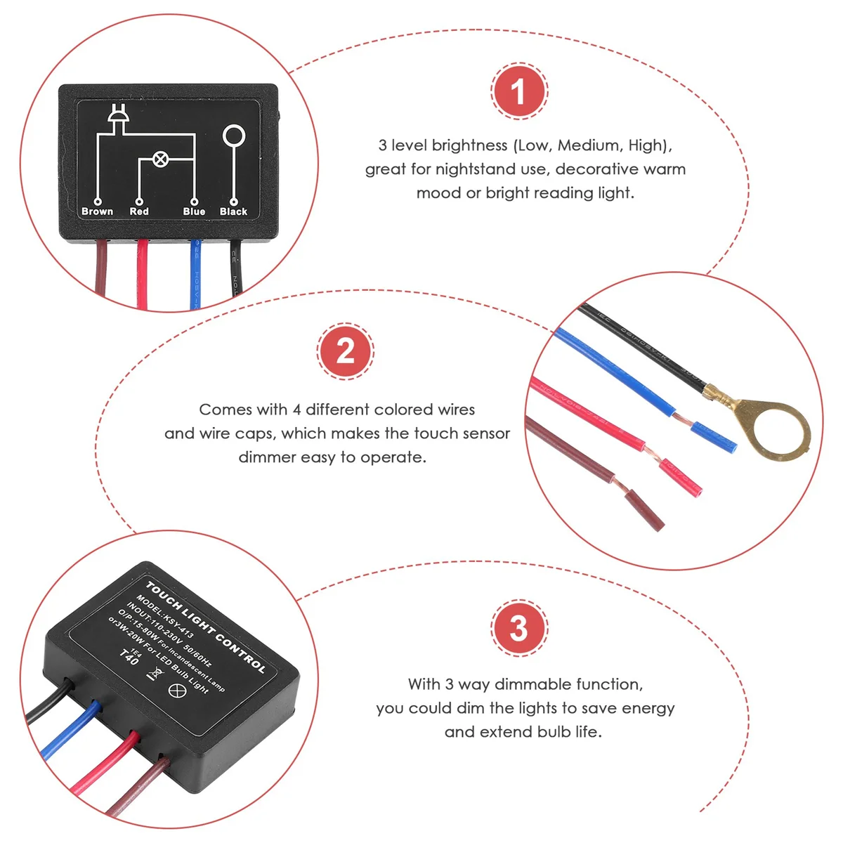ABFA Interruptor de lâmpada de toque 2 pacotes, módulo de controle de lâmpada de toque para LED regulável, lâmpadas, kit de substituição de interruptor de lâmpada com tampas de fiação
