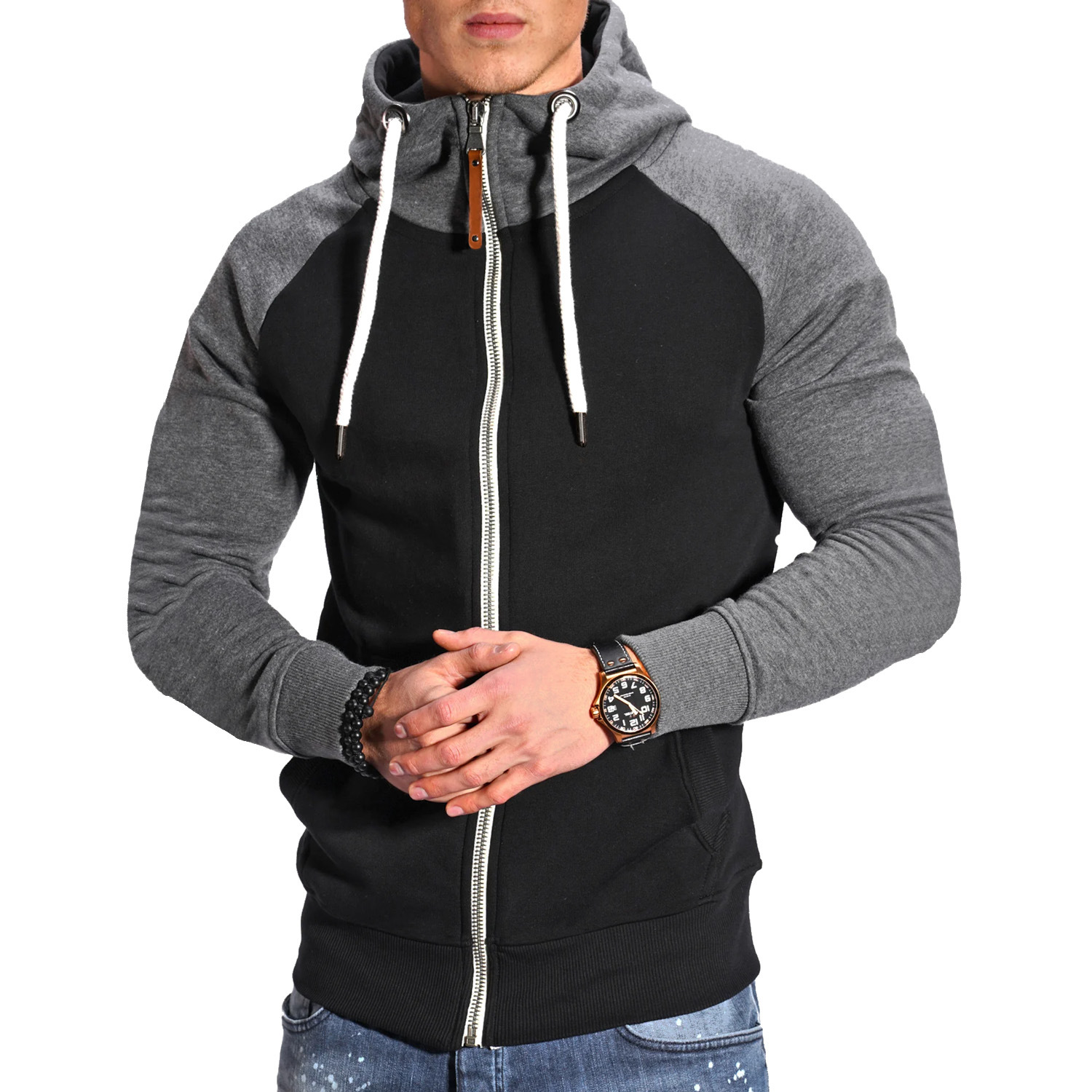 Herren Hoodies Langarm Sweatshirts für Männer Reißverschluss Kapuzenpullover Stehkragen Herren Sweatshirt Top Jacke Mantel Schwarzer Pullover