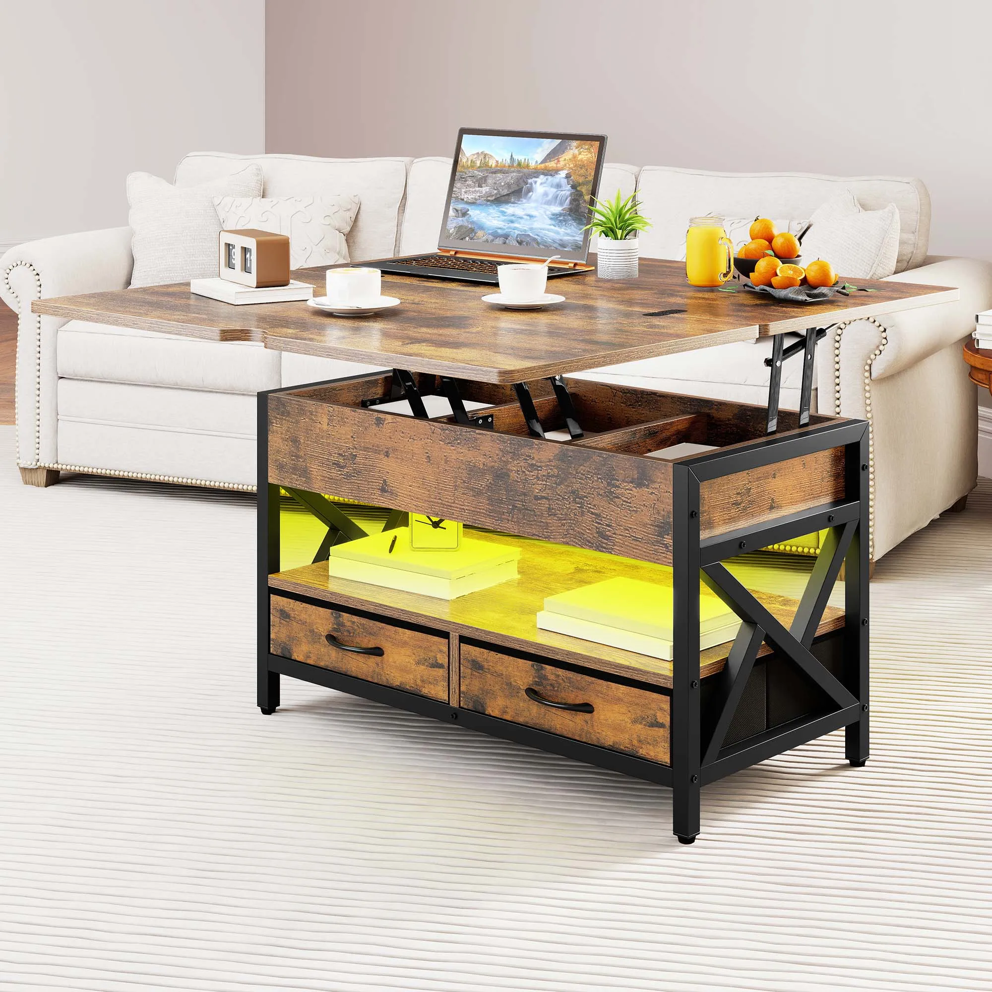 Balconera Table basse relevable avec rangement – Table de salle à manger extensible avec 2 tiroirs et lumière LED, 90 × 50 × 1,5 cm