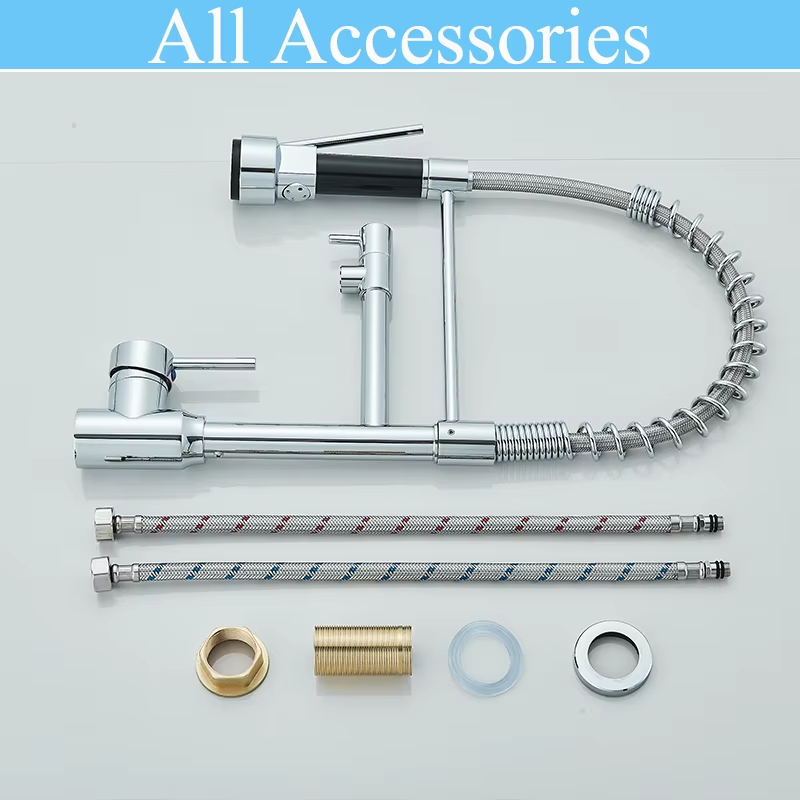 Black/Silver Kitchen Faucet with Pull-Down Sprayer, Deck Mount Hot and Cold Water Mixer Faucet, Dual Spout Faucet, Crane