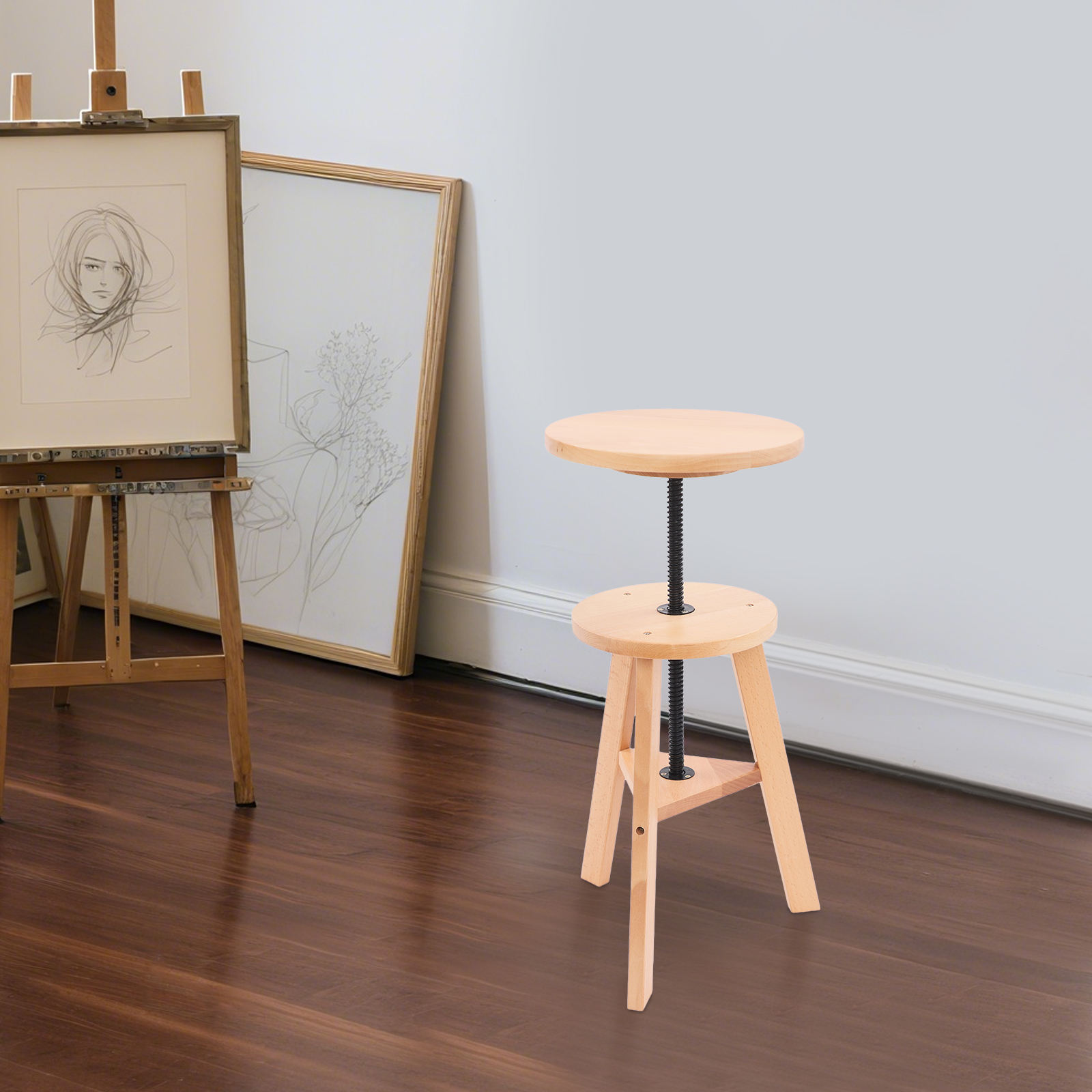 48-65.5cm Painting Stool with Adjustable Height, Artist Stool, Wood Bar Stool, Kitchen Stool for Galleries, schools, offices