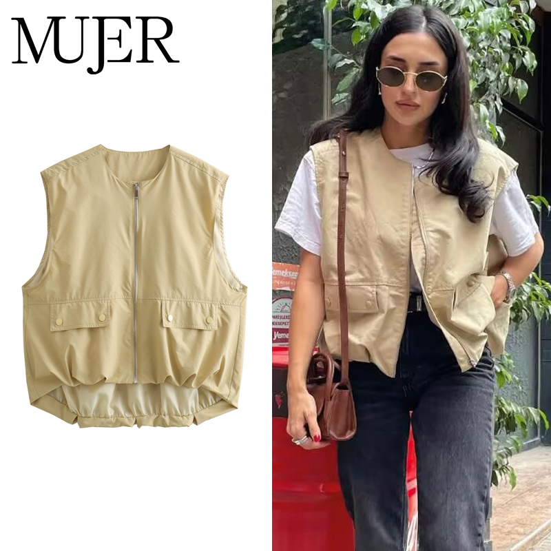 MUJER Mouwloos vest met ruches Dames Zip Losse zomervesten voor dames Streetwear damesjassen Vakantie Casual vest Top Dames