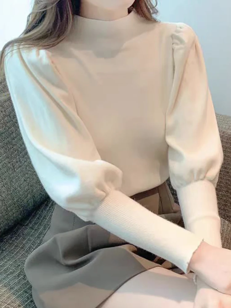 Otoño Invierno suéter de cuello alto ajustado jerseys básicos moda coreana Tops de punto manga abombada suéter para mujer jerséis elásticos