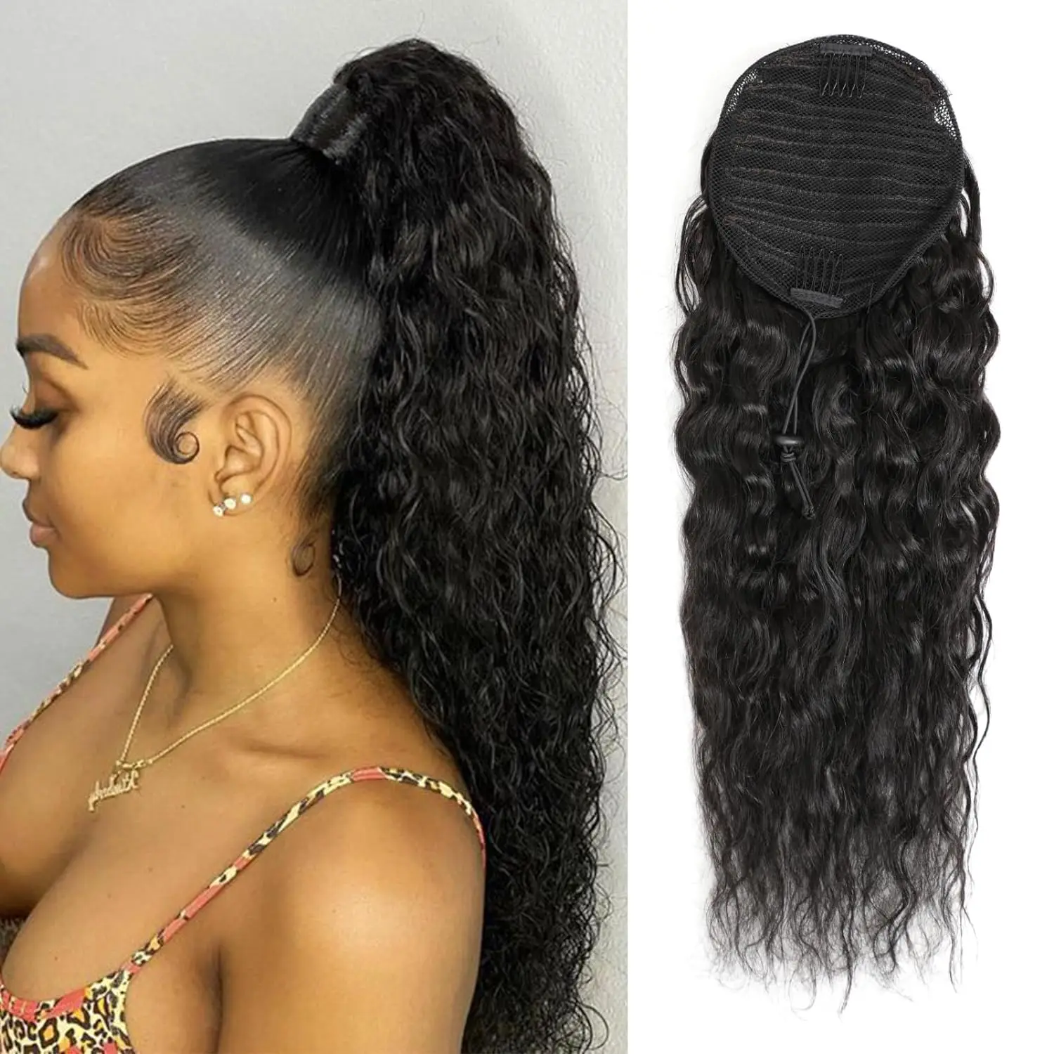 100% cabelo humano cordão rabo de cavalo extensão onda de água em linha reta kinky encaracolado milho onda rabo de cavalo clipe em extensões de rabo de cavalo
