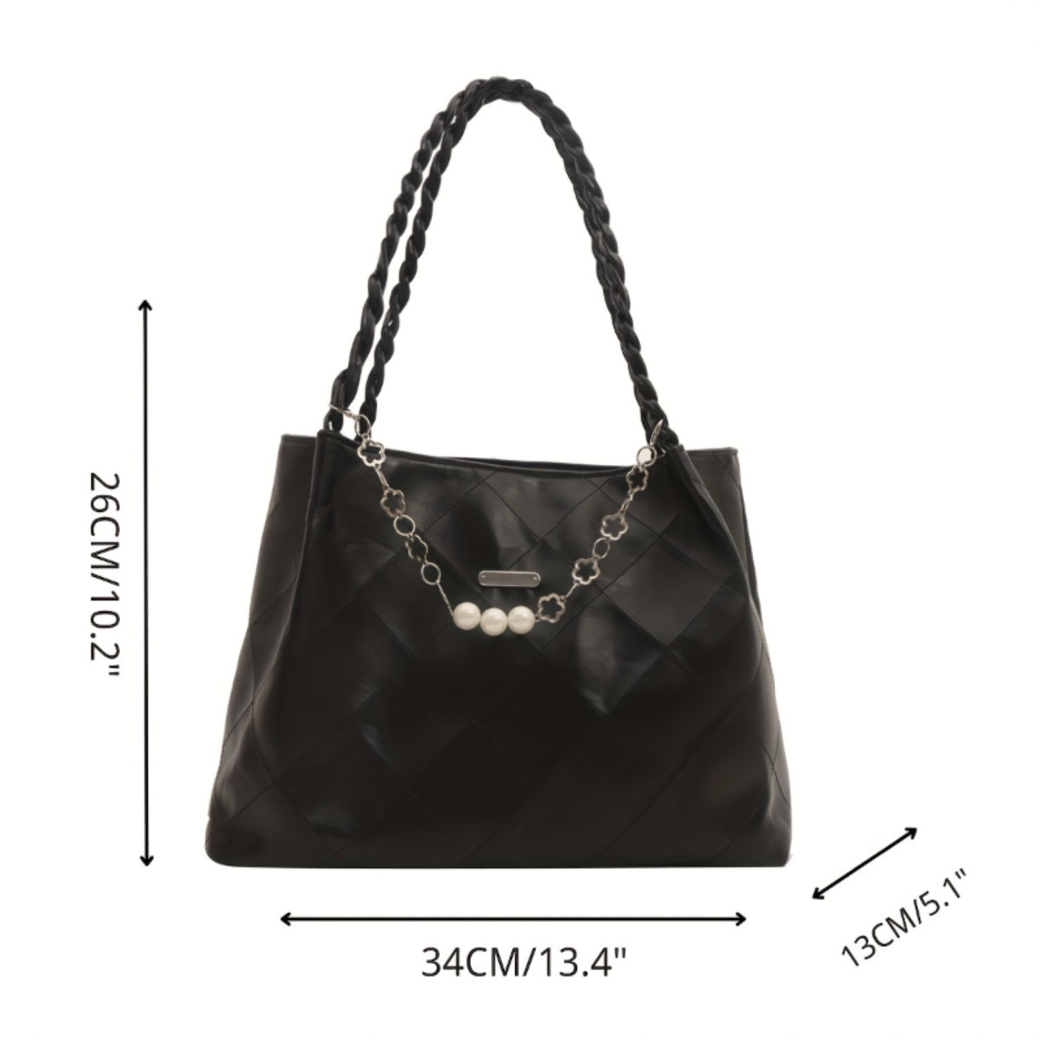 Bolsa tote feminina de couro PU metálico da moda com grande capacidade e alça de corrente trançada