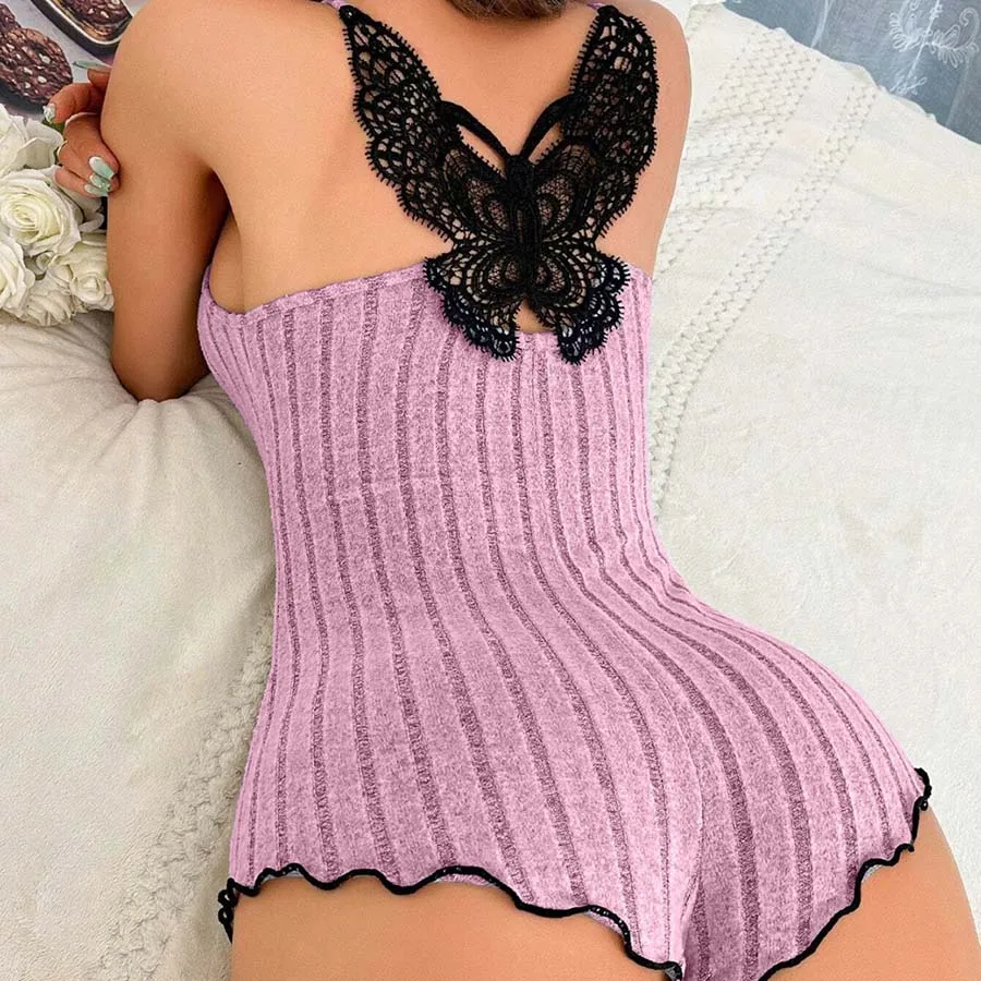 Suspensórios femininos renda guarnição e arco design pijamas sem mangas com decote em v conjunto pijamas terno sexy sólido casa roupas verão