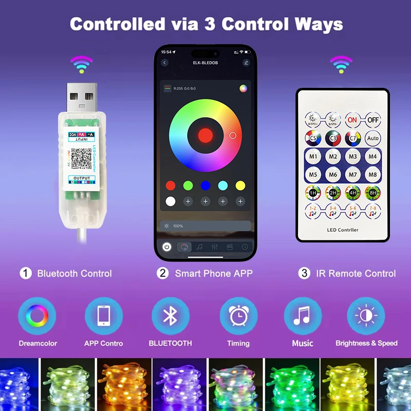 Lámpara de hadas LED RGBIC USB de 5V, control inalámbrico por aplicación, música, lámpara síncrona que cambia de color, lámpara de cadena ajustable impermeable IP67