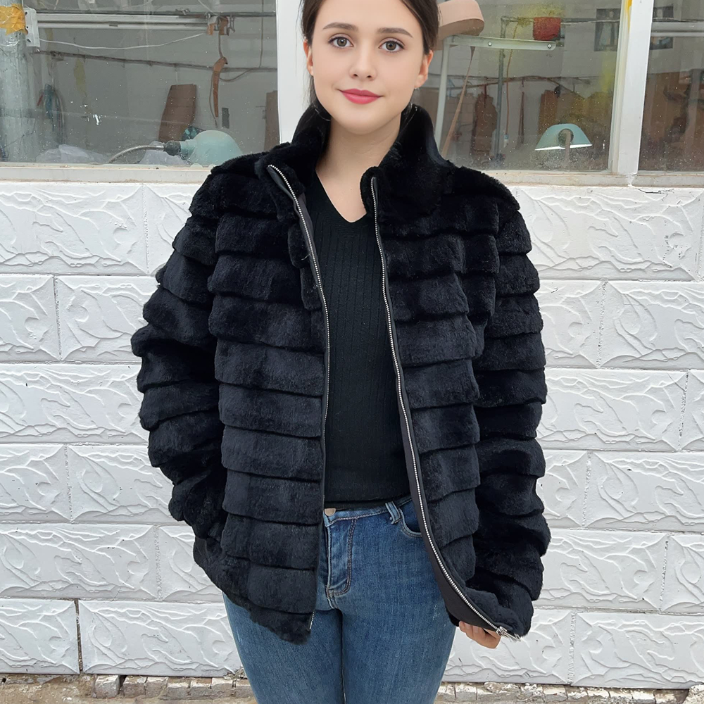 女性用ナチュラルレックスウサギ毛皮コート,本革ジャケット,婦人服,ラニアウター,黒,冬,2024