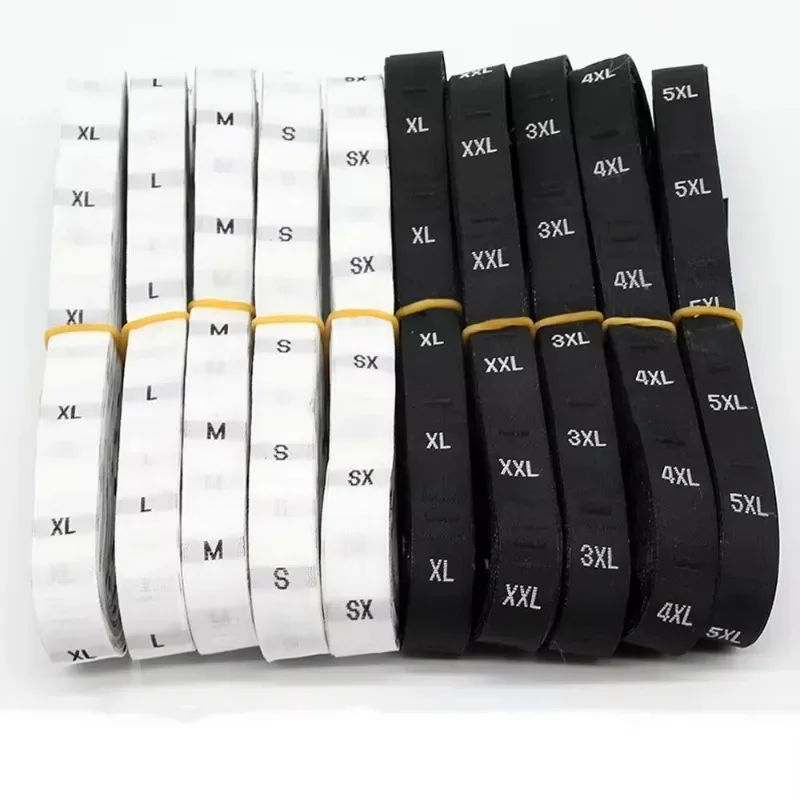 500 Stück/Charge-Größenetiketten für Kleidung, Stoffetiketten, Zubehör, schwarze und weiße Kleidungsgrößenetiketten