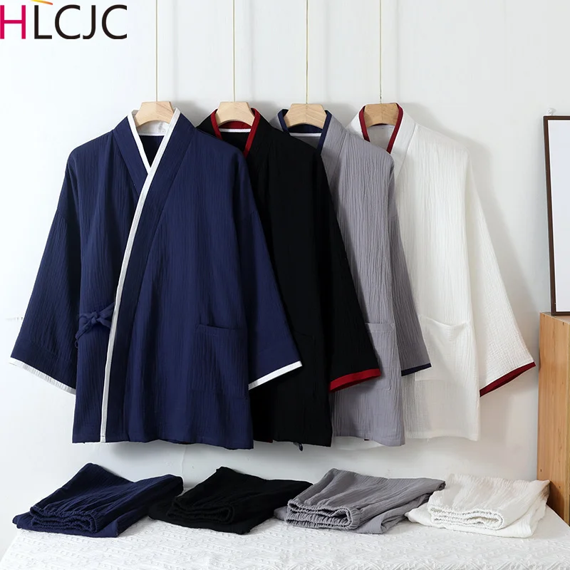 Conjunto de pijama japonês de quimono masculino, top e calça fina com renda, vestido masculino solto de duas peças, cor bloqueada, crepe de algodão, primavera e outono