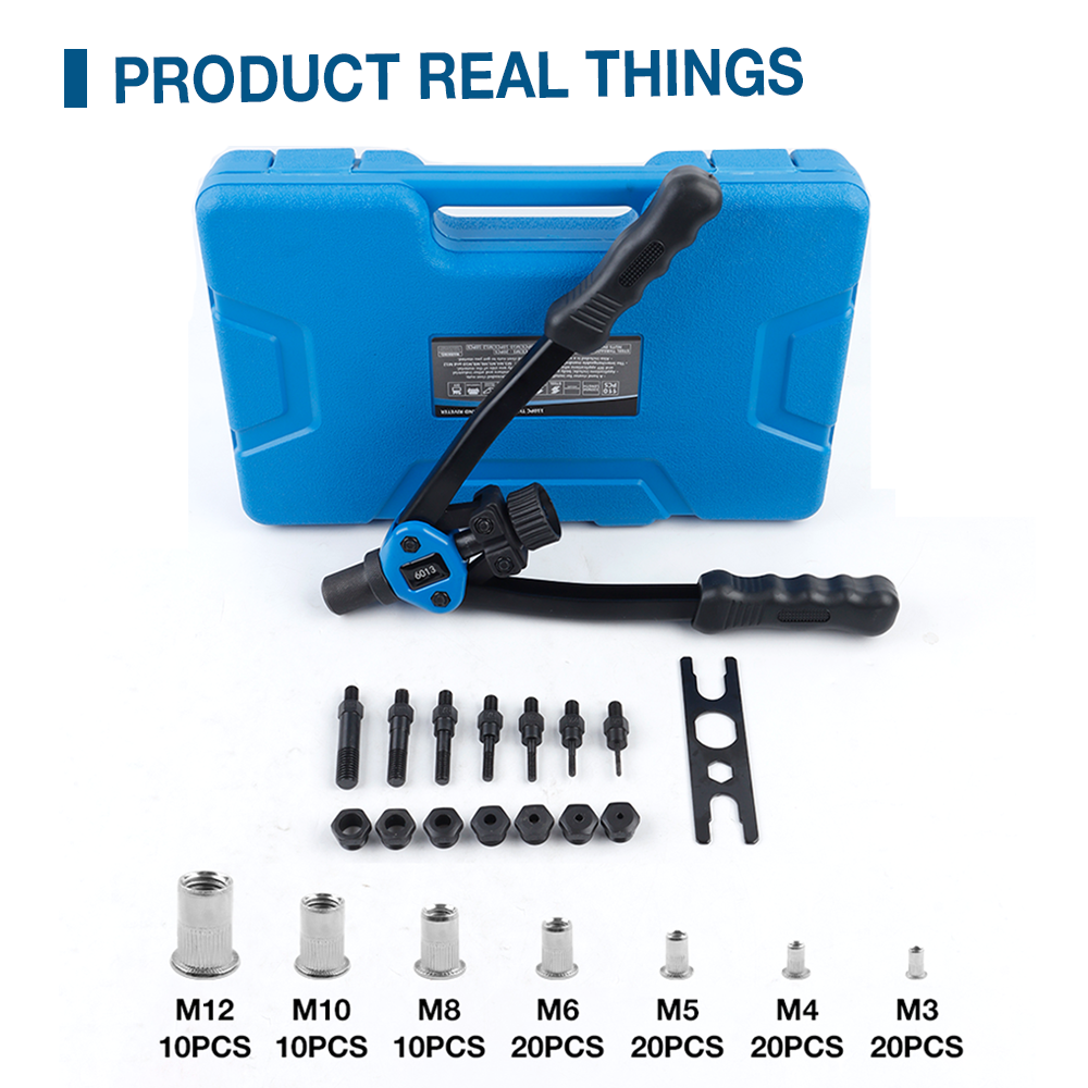 Pistolet à riveter manuel M3 M4 M5 M6 M8 M10 M12, riveteuse professionnelle à domicile, outil de rivetage rapide d'écrou d'insertion, avec 110 écrous à riveter, valise en plastique, pistolet à riveter professionnel