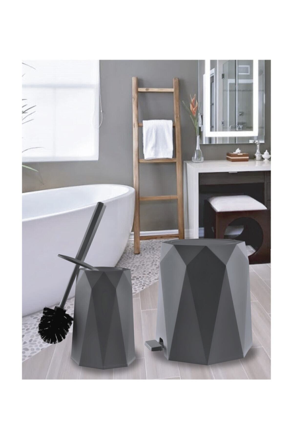 Geo Antrasit 2'li Banyo Seti Plastik 5 Lt Çöp Kovası Ve Tuvalet Fırçası Rumah Plastik Perlu Kualitas Pembersihan