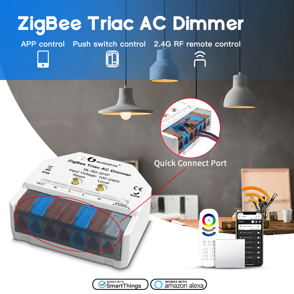 Zigbee3.0 Triac AC Dimmer Ultra Mini LED Dimmbarer Druckschalter App Sprachsteuerung Hu/e Tuya Alexa SmartThings ZigBee2mqtt max 400w