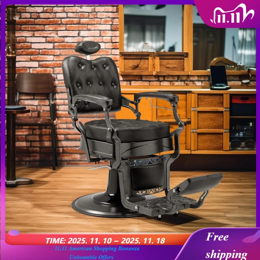 Heavy Duty Vintage Recline Barber Chair Hydraulic with Headrest, Supports up to 700lbs & 360° Rotatable, Professional