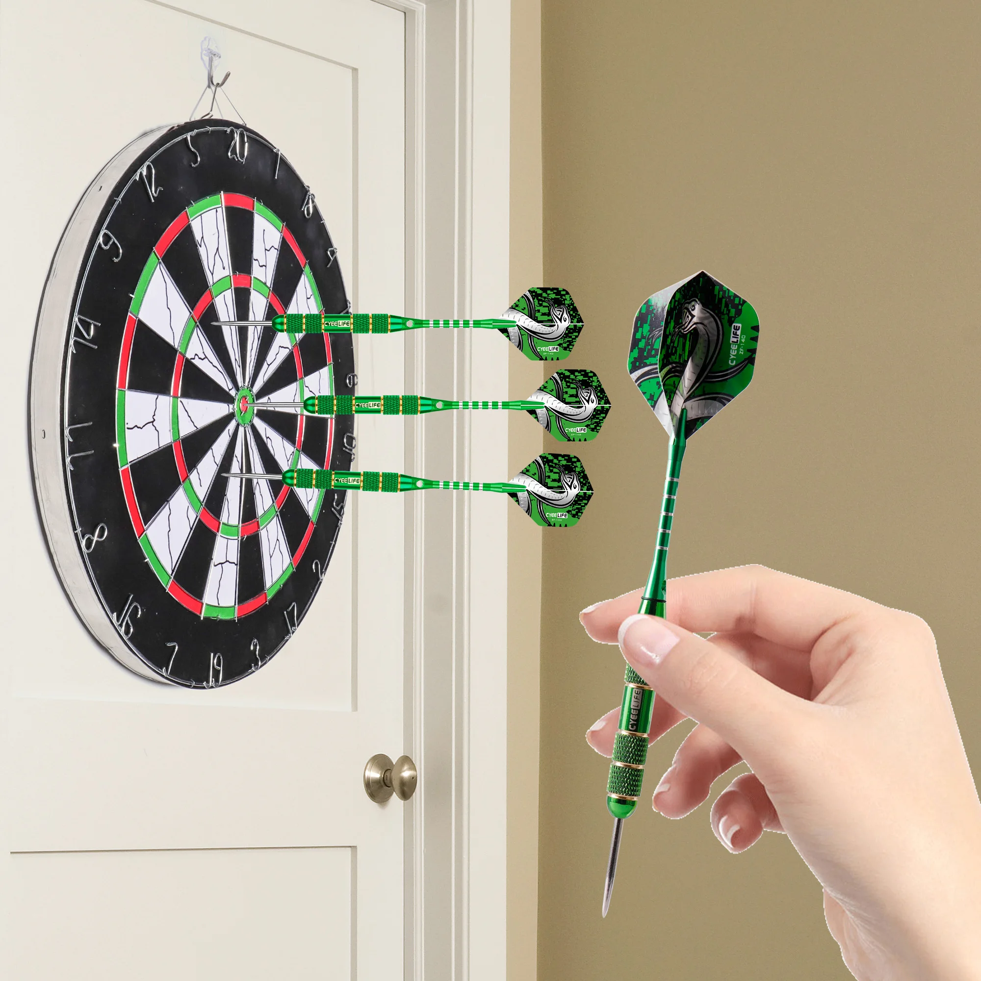 CyeeLife 24g Professionelles Dart-Set, 3-teilig, Stahlspitze, Darts, Flights, Anti-Fall, Hart-Dart, reines Kupfer, Dart fliegen, für Dartscheibe, grün