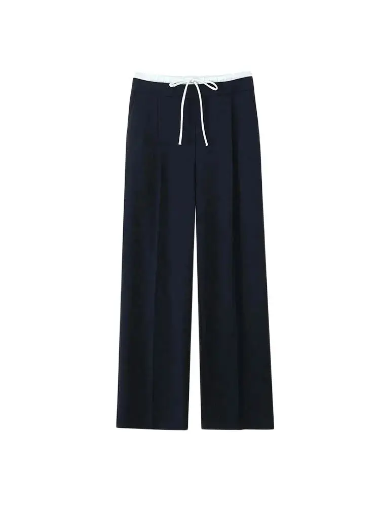 Calças femininas de cintura dupla com pernas largas, cintura alta elástica com cordão, bolsos laterais, calças femininas, moda chique