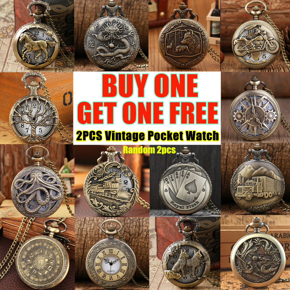Buy 1 Get 1 Random 2 Pieces Vintage Bronze Pocket Watch, with Necklace Pendant World-Time Feature, Gift Clock For Men and Women