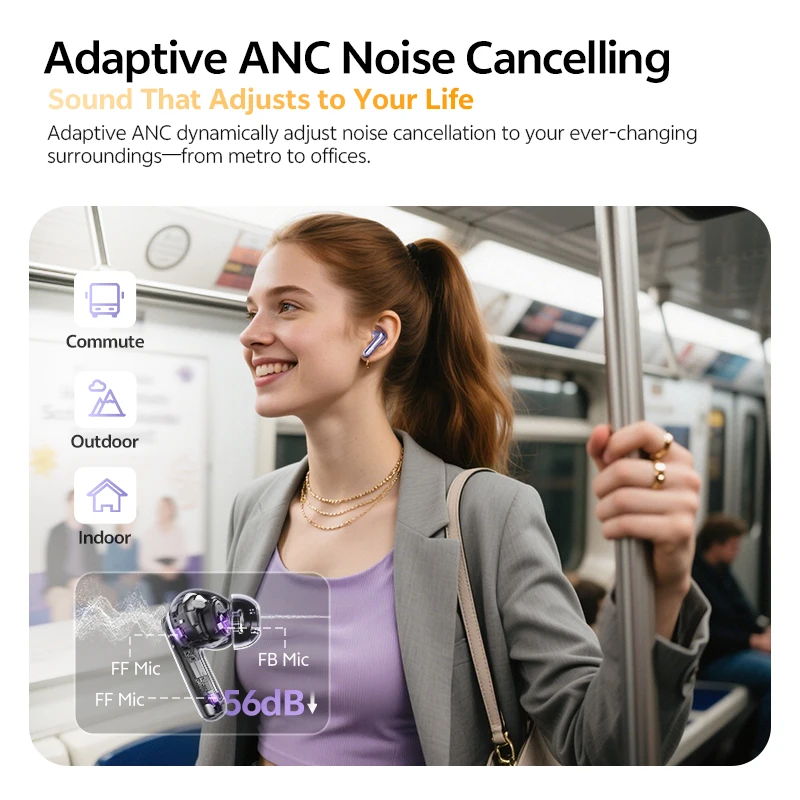 QCY MeloBuds N70 ANC Auriculares inalámbricos Bluetooth 6.0 con cancelación de ruido adaptativa, audio LDAC de alta resolución, 6 micrófonos, 50 horas de reproducción, carga inalámbrica, detección intraaural