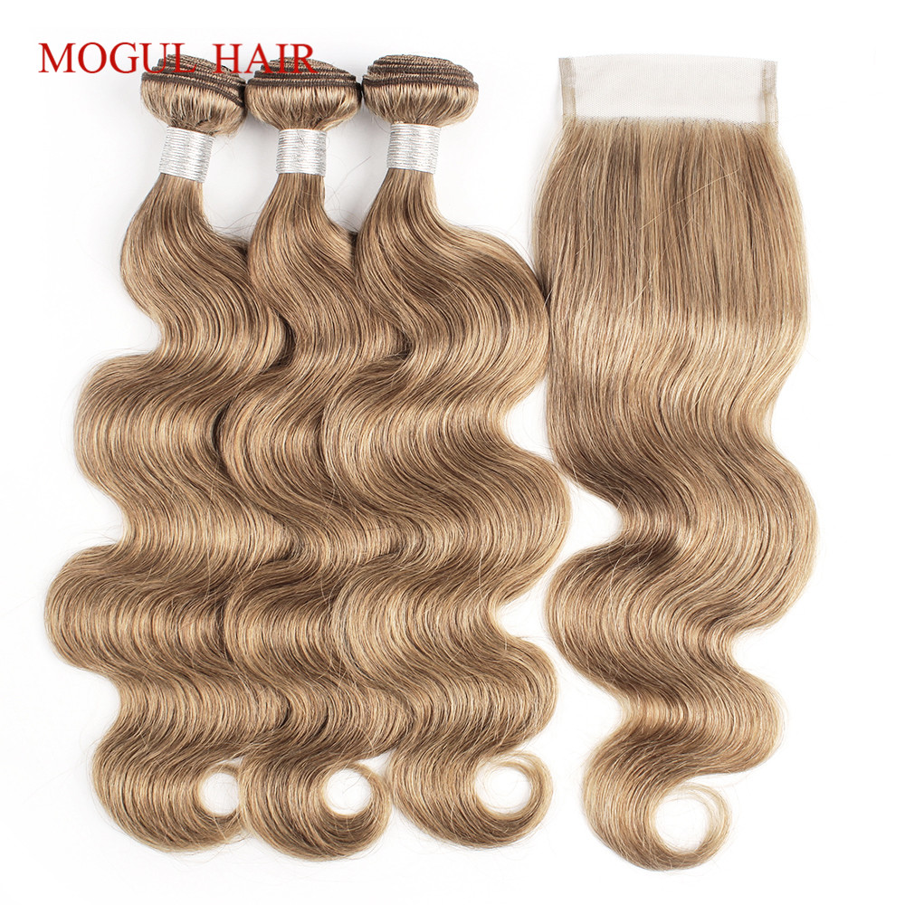 MOGULHAIR-Onda Do Corpo Remy Extensão Weave Cabelo Humano, Ash Blonde, Parte Livre, Cor 8, 4x4 Lace Encerramento, 16 a 24 ", 2 Pacotes, 3 Pacotes, 4x4