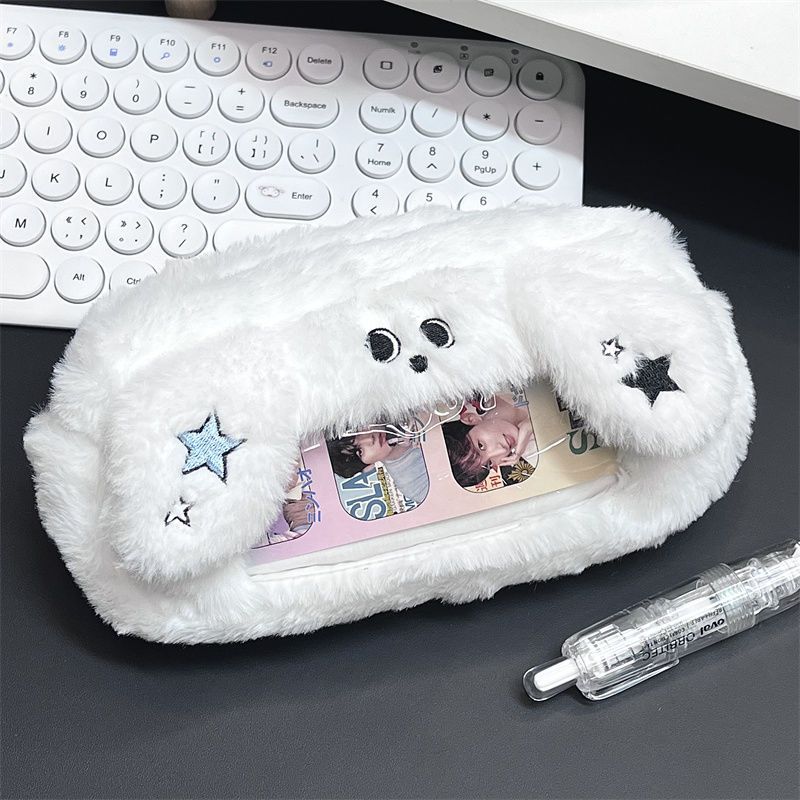 Estojo de caneta de grande capacidade, fofo, pelúcia, formato de gato, bolsa de lápis com janela visual, criativo, kawaii, bolsa de lápis para escritório, escola
