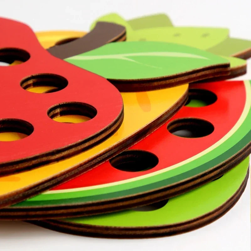 Wooden Lacing Toy Educational Fruits Threading Activity Puzzles Studying Fine Motor Skill Car Toy Set for Toddlers Kid Best Gift