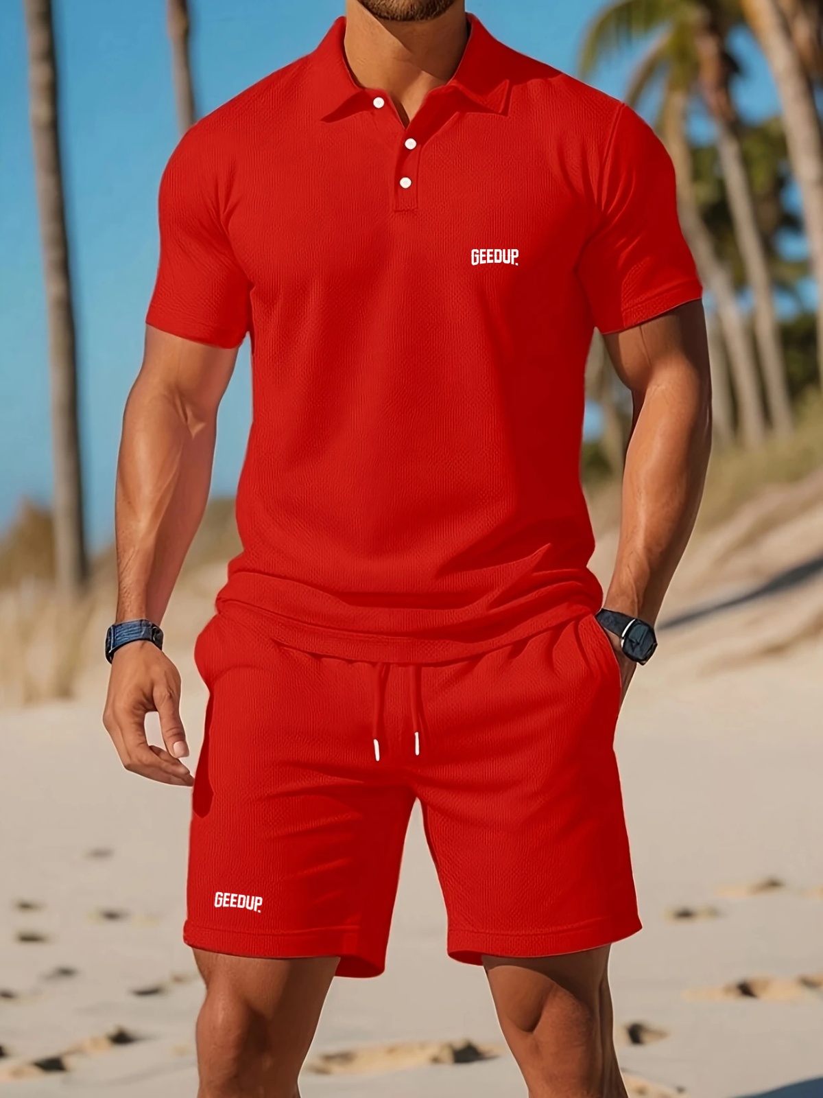 2025 hommes nouvel été maille revers manches courtes et Shorts ensemble décontracté couleur unie ample plage sport respirant ensemble