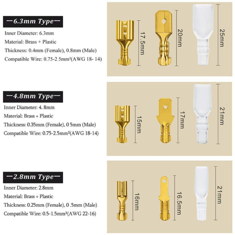 120pcs Box-Packed,Gold/Silver Crimp Terminal,Female 2.8/4.8/6.3mm No Male,Wire Connector,Electrical Terminals