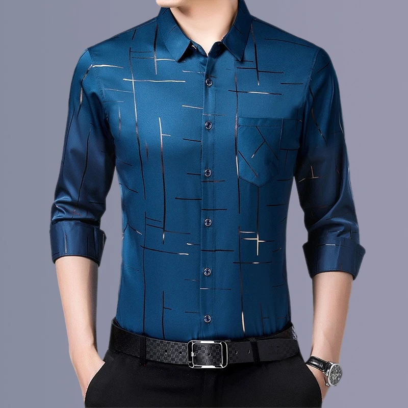 Camisa estampada de manga larga informal y de moda para hombre, top de negocios sin planchar y resistente a las arrugas