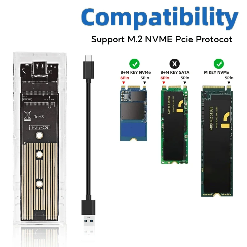 M.2 NVME PCIe NGFF SATA Dual Protocol SSD Case Clear USB Type C 10Gbps PCI-E M2 SSD Transparent External Enclosure Hard Disk Box