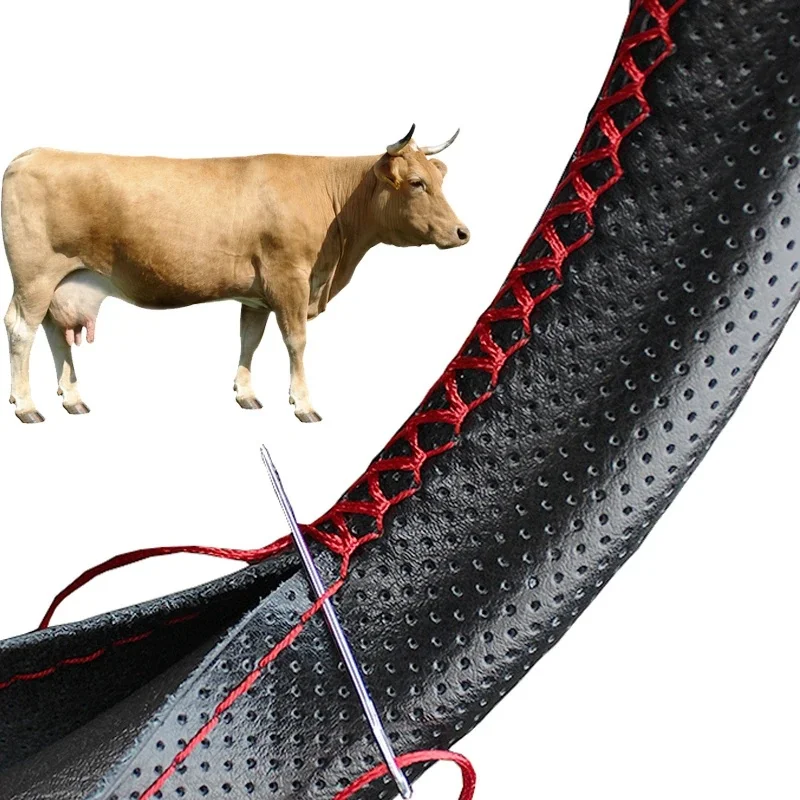Protector de cuero genuino para volante trenzado de coche, accesorios de dirección antiarañazos