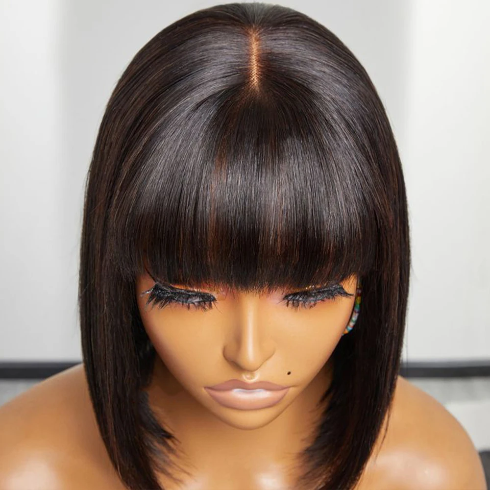 Peruca de Bone Straight Short Bob com franja para mulheres negras, 100% cabelo humano, perucas da parte média, escolha, renda 3x1