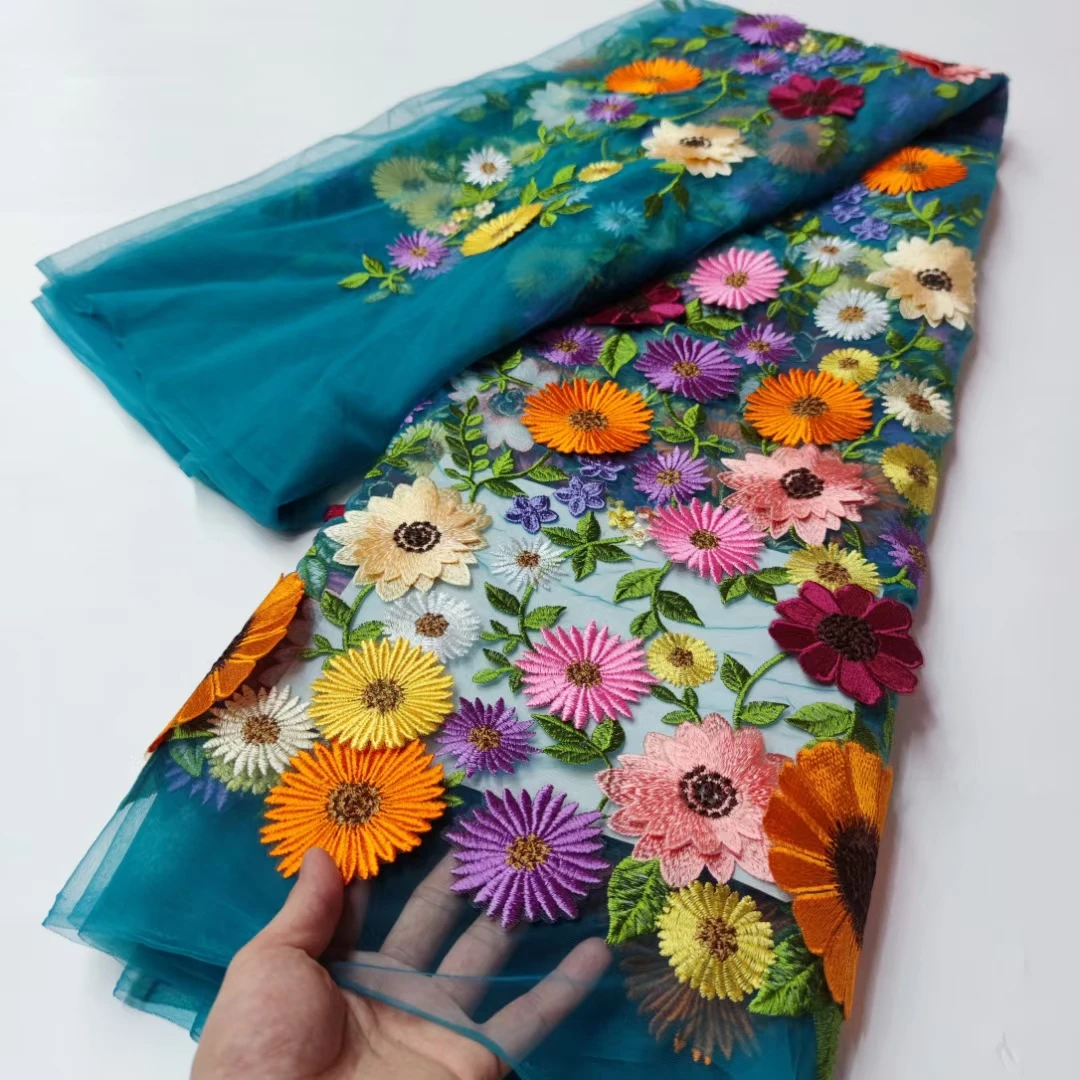 Mais recente elegante melhor qualidade muito macio 3d apliques tecido de renda de tule africano para vestido de festa de casamento nn5339_r