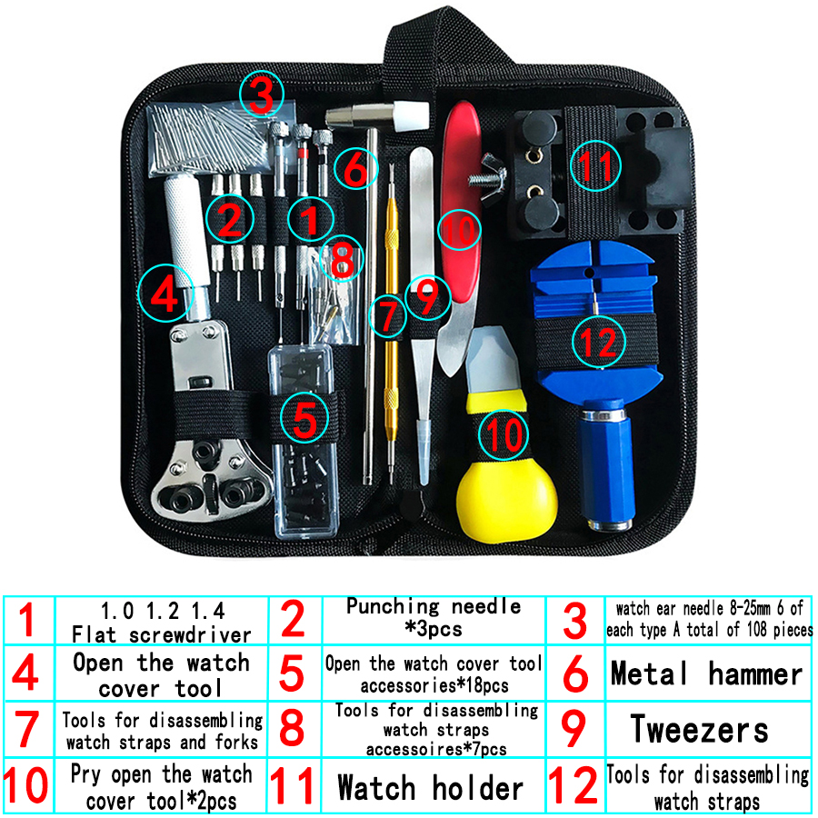 Repair watch kit, open watch back cover, remove watch strap, 108 ear pins