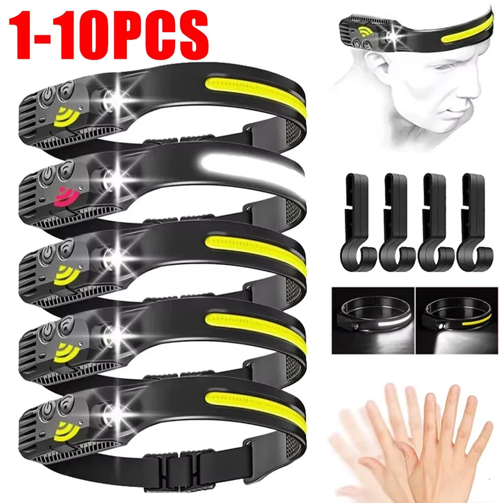 Linterna frontal de inducción con Sensor LED COB, linterna con batería integrada, linterna frontal recargable por USB, 5 modos, 1-10 Uds.