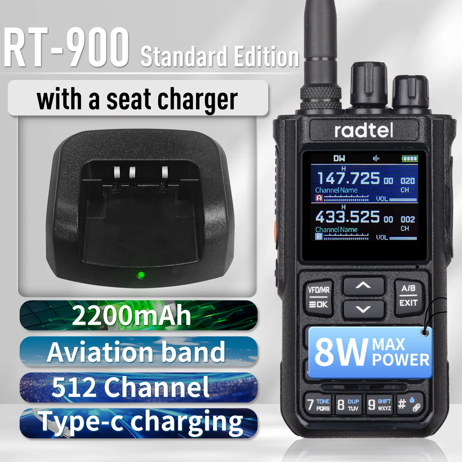 Radtel RT-900 Walkie Talkie mit Ladestation, 8 W 512 CH Air Band 2-Wege-Radio, Vollband-Amateurfunk