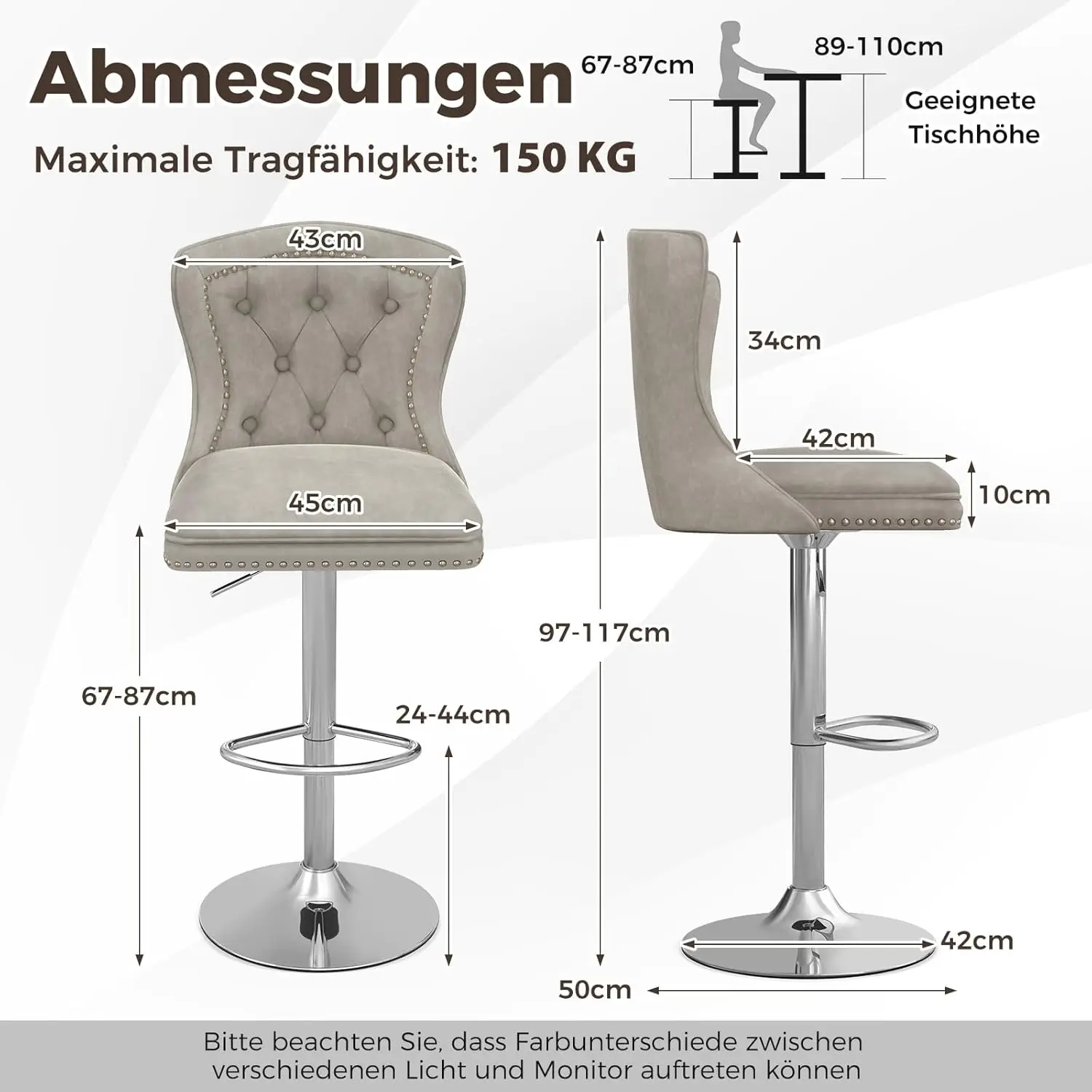 Set di 2 sgabelli da Bar, sedie da Bar 67-87 cm, regolabili in altezza, in velluto, sgabelli da cucina con schienale e Base in metallo