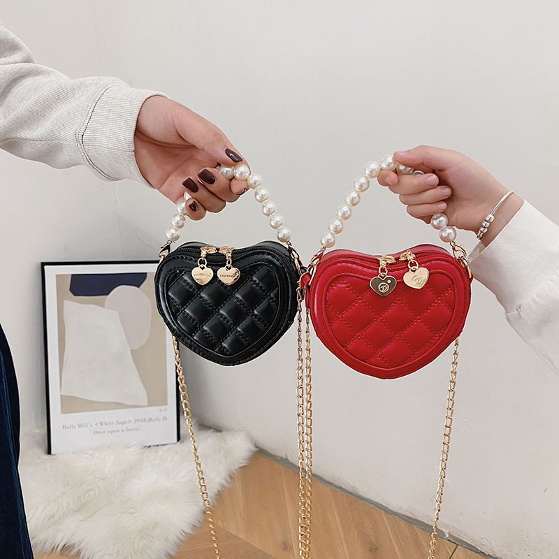 Mini bolsa mensageiro de ombro em forma de coração com alça de pérola para meninas, bolsa princesa, bolsas fofas para crianças