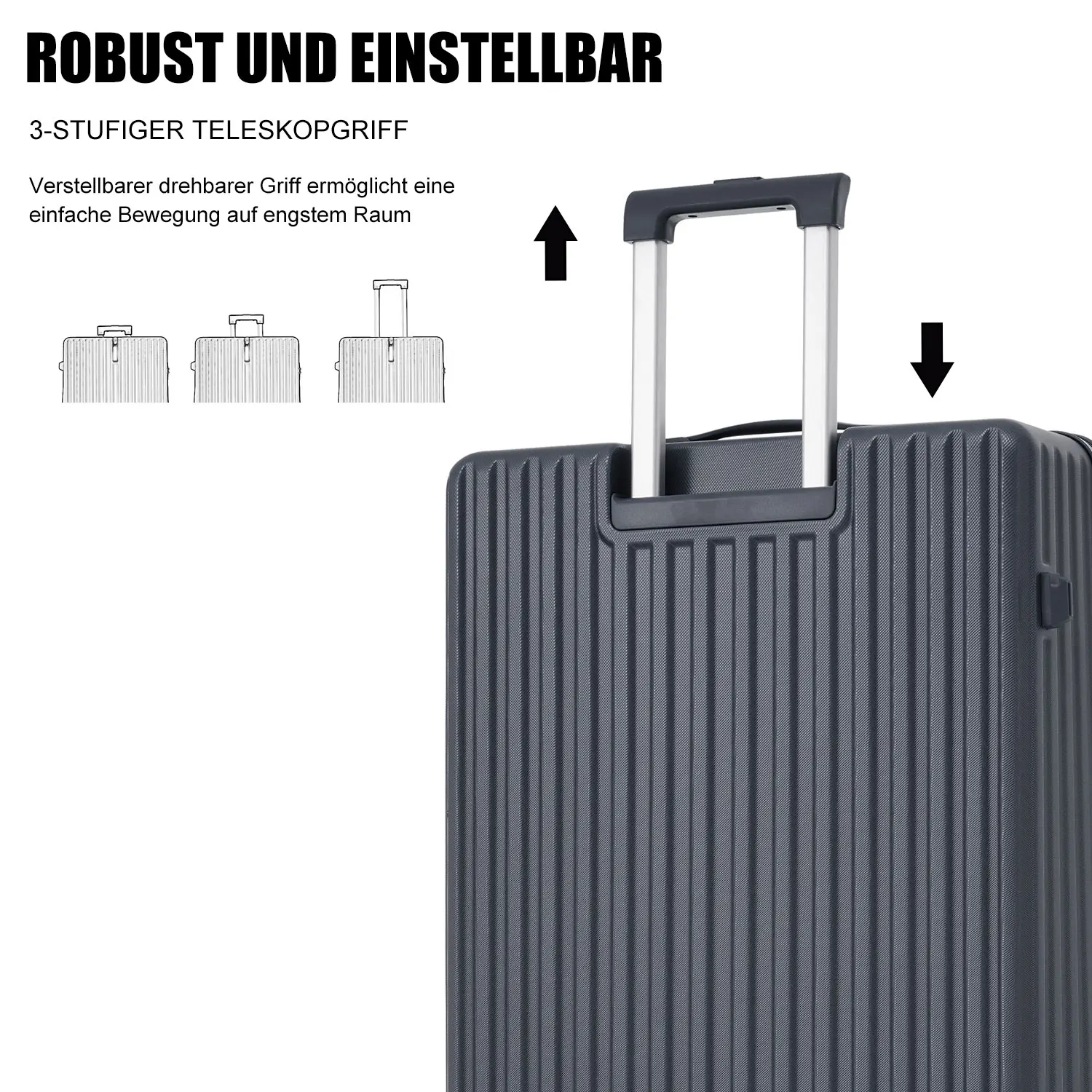 Hartschalen-Koffer, Rollkoffer, Reisekoffer, Handgepäck 4 Rollen, ABS-Material, TSA Zollschloss, 65*43*28, grau